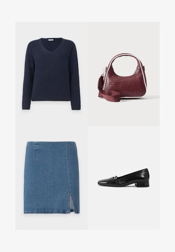 Navyblauwe ribgebreide trui met lange mouwen en een V-hals, weergegeven op een effen lichte achtergrond.; Denim mini-rok in medium blauw, met een rechte snit, een kleine zijspleet en nette stiksels langs de zoom en naden.; Zwarte laarzen van gepatenteerd leer met een puntige neus, een lage vierkante hak en een kleine metalen gespdetail op de band. Gladde textuur.; Donkerrode geweven leren handtas met gebogen handvat, witte bies, zilveren rits en afneembare brede stoffen schouderriem tegen een effen achtergrond.