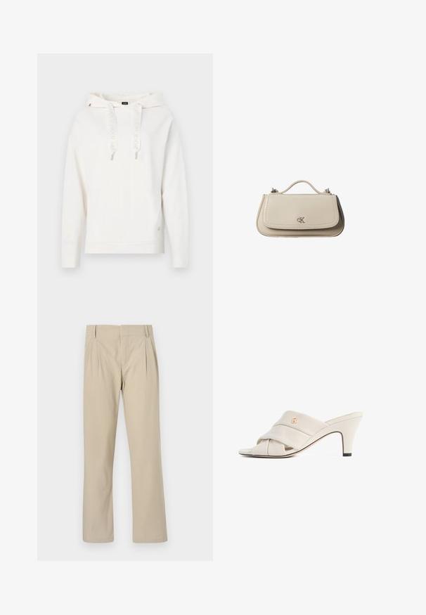 Hvid sweatshirt med hætte, snore i hætten med logo, ribbet manchetter og kant. Broderet logo detalje på ærmet; blødt, tekstureret stof.; Beige brede benbukser lavet af bomuldsblanding; har folder foran, lige snit og bælteløkker. Glat tekstur, ingen mønstre.; Beige højhælede mules med et snoet læderstropdesign, åben tå og præget logoaccent. Hælen har en sort spidsdetalje.; Lille beige læderhåndtaske med top håndtag og sølv CK-logo på frontklap, vist mod en hvid baggrund.