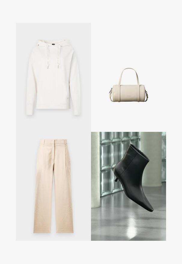 Sweat-shirt blanc avec capuche, cordons de serrage arborant un logo, poignets et ourlet côtelés. Détail brodé du logo sur la manches ; tissu doux et texturé.; Pantalon beige en tissu lisse. Présente une coupe droite, un devant plat et deux plis. Sans motifs visibles ni accessoires.; Bottine en cuir noir à bout pointu et petit talon kitten, présentée en angle devant un sol poli et un mur en blocs de verre.; Petit sac à main cylindrique beige en cuir avec deux poignées, une bandoulière amovible et le logo Calvin Klein à l'avant.