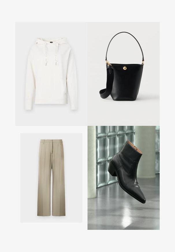 Sweat-shirt blanc avec capuche, cordons de serrage arborant un logo, poignets et ourlet côtelés. Détail brodé du logo sur la manches ; tissu doux et texturé.; Pantalons à jambes larges en tissu beige doux, avec un devant plat, des passants de ceinture et une texture lisse. Taille standard sans motifs visibles.; Bottine en cuir noir avec un bout pointu et un talon carré lévitant au-dessus d'un sol gris réfléchissant près d'un mur en blocs de verre.; Sac seau en cuir noir avec une courte poignée et une large bandoulière en tissu amovible, avec un petit emblème rond doré sur le devant.