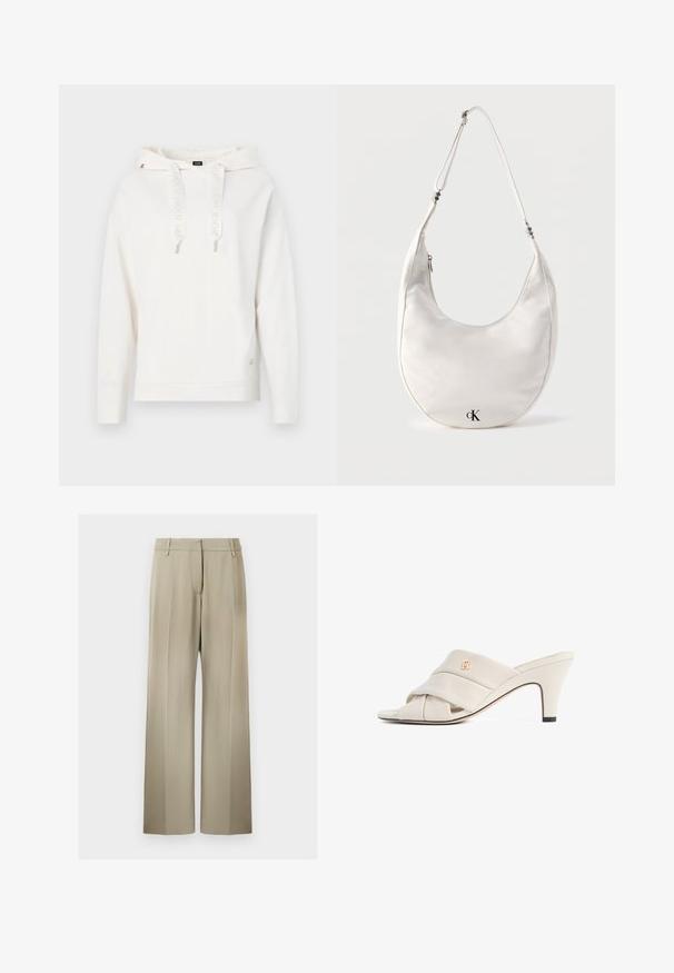 Sweat-shirt blanc avec capuche, cordons de serrage arborant un logo, poignets et ourlet côtelés. Détail brodé du logo sur la manches ; tissu doux et texturé.; Pantalons à jambes larges en tissu beige doux, avec un devant plat, des passants de ceinture et une texture lisse. Taille standard sans motifs visibles.; Mules à talons hauts beiges avec un design de bride en cuir torsadé, bout ouvert et motif de logo en relief. Le talon présente un détail d'embout noir.; Sac d'épaule blanc en forme de croissant avec une sangle réglable et un logo "cK" noir près du centre inférieur sur un fond uni.