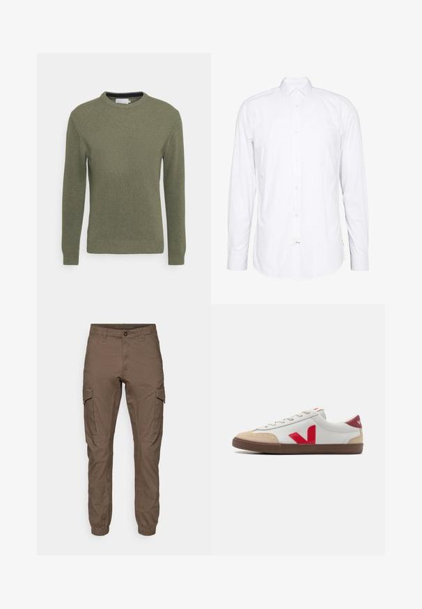 Grøn crew-neck sweater lavet af et tekstureret strikkemateriale. Har lange ærmer samt ribbede manchetter og kant. Simpelt, udekoreret design.; Hvid langærmet skjorte lavet af bomuld. Har krave, frontknaplukning og manchetter med en knap. Glat tekstur, rent design.; Cargo bukser i en mørkebrun farve, lavet af slidstærkt stof. Har elastiske manchetter, sidelommer og en frontlukning med knap.; Hvide lædersneakers med rød V-logo, beige ruskind toe cap og brun gummisål. Har klassisk snørelukning og polstret krave.