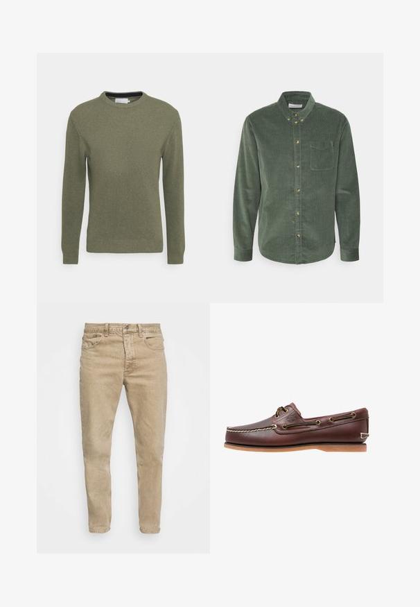 Grøn crew-neck sweater lavet af et tekstureret strikkemateriale. Har lange ærmer samt ribbede manchetter og kant. Simpelt, udekoreret design.; Grøn kordfløjl skjorte med knapper og lange ærmer, krave, forlommer og gyldne knapper. Har et struktureret stof og buet kant.; Beige denim jeans med klassisk pasform, fem-lomme design og diskret falmning. Har en metalknap og lynlåslukning.; Brun læder bådsko med hvide sømme, snøre detaljer og lysbrun gummisål, vist fra siden på hvid baggrund.
