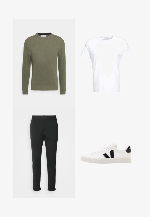 Grøn crew-neck sweater lavet af et tekstureret strikkemateriale. Har lange ærmer samt ribbede manchetter og kant. Simpelt, udekoreret design.; Hvid bomulds t-shirt med rund halsudskæring og korte ærmer, i en klassisk pasform og glat tekstur. Ingen mønstre eller hardware synlige.; Sorte bukser lavet af et glat stof med lige pasform. Har en enkelt knaplukning og opspejdede manchetter.; Hvide lædersneakers med sorte ruskindsdetaljer; har en gummisål, rund tå og klassisk snørebåndsdesign. Side logo i sort.
