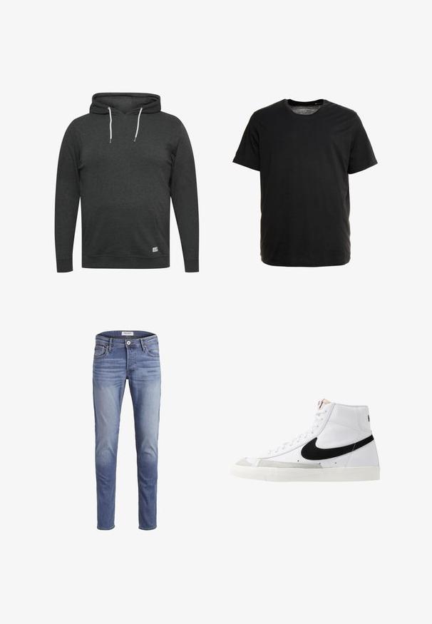 Hoodie gris foncé en tissu doux et mélangé. Il possède une poche avant, des cordons de serrage ajustables et des poignets et un ourlet côtelés.; T-shirt noir à manches courtes en tissu doux, avec un col rond et une coupe droite, sans motifs ni graphiques visibles.; Jean slim en denim bleu, avec un délavage, cinq poches et une fermeture éclair avec bouton.; Baskets montantes blanches avec un swoosh noir, un capuchon de pied texturé gris et une semelle plate blanche. Elles possèdent six œillets et des accents cousus.