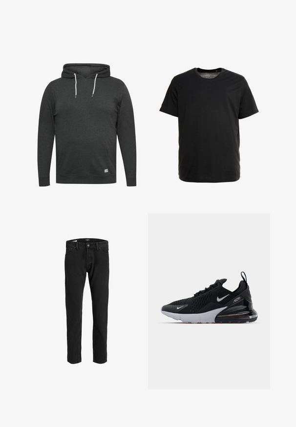 Hoodie gris foncé en tissu doux et mélangé. Il possède une poche avant, des cordons de serrage ajustables et des poignets et un ourlet côtelés.; T-shirt noir à manches courtes en tissu doux, avec un col rond et une coupe droite, sans motifs ni graphiques visibles.; Jean en denim noir avec une coupe droite, comprenant une structure classique à cinq poches, fermeture à bouton en métal et une finition légèrement délavée.; Chaussure de sport noire avec tige en mesh, semelle intermédiaire blanche et amorti visible dans le talon. Design élégant avec de subtils accents argentés.