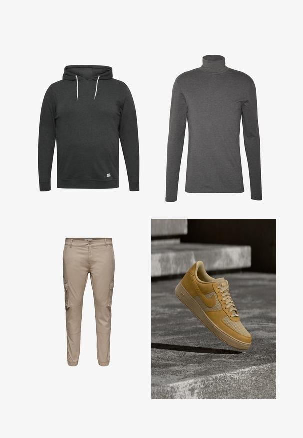 Mørkegrå hættejakke lavet af blødt, blandet stof. Har en frontlomme, justerbare snørebånd og ribbede manchetter og kant.; Grå langærmet turtleneck-skjorte lavet af blødt stof, med en tætsiddende design og minimale stitching-detaljer omkring halsen og manchetterne.; Beige slim-fit cargobukser med sidelommer med klap, knaplukning, bæltestropper og elastiske manchetter ved anklerne.; Tan- og beige Nike Air Force 1-sneaker svæver over en betonoverflade med stenetrin i baggrunden.