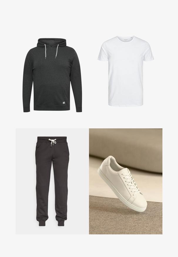 Hoodie gris foncé en tissu doux et mélangé. Il possède une poche avant, des cordons de serrage ajustables et des poignets et un ourlet côtelés.; T-shirt à col rond à manches courtes de couleur blanche unie, fabriqué en coton doux, avec un design simple sans motifs ni accents visibles.; Un pantalon de survêtement noir en tissu doux, doté d'une ceinture ajustable par cordon, de poches latérales et de poignets ajustés aux chevilles.; Baskets en cuir blanc avec des lacets blancs, exposées sur une surface beige texturée et avec un arrière-plan flou doux.