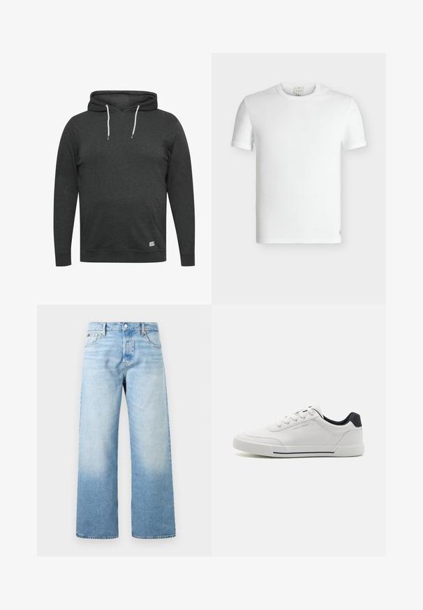 Mørkegrå hættejakke lavet af blødt, blandet stof. Har en frontlomme, justerbare snørebånd og ribbede manchetter og kant.; Enkel hvid kortærmet ribstrikket bomuld T-shirt med rund halsudskæring og et lille påsyet mærke nær bundkanten.; Lyseblå denimjeans med høj talje, lige brede ben, forlommer samt knap- og lynlåslukning.; Hvide sneakers med en glat syntetisk overdel, rund tå, snørebåndsdesign, marineblå accent på hælen og en tekstureret gummisål med en sort stribe.