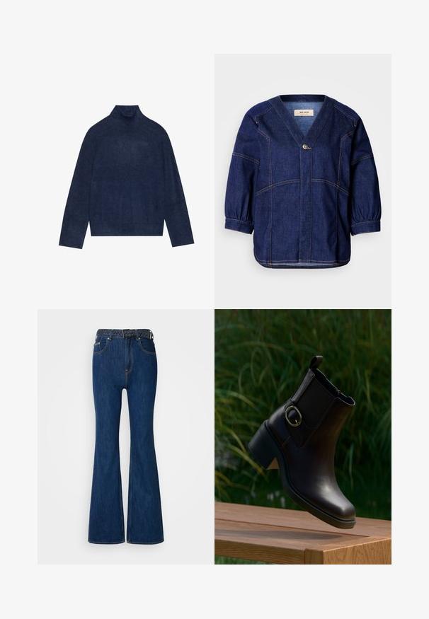 Mørkeblå rullekrave sweater med ribbet detaljering på kraven og ærmerne, lavet af et blødt, struktureret strikket stof med en afslappet silhuet.; Mørkeblå denimjakke med V-udskæring, løstsiddende ærmer og pufærmer. Har kontrasterende syninger og en enkelt frontknapdetalje.; Blå denim flared jeans med høj talje, kontraststing og et vævet bælte med flettet design. Glat tekstur og klassisk stil.; Sort læderankelstøvle med lav hæl og sidespænde, der svæver over en træoverflade udendørs med grøn løv i baggrunden.