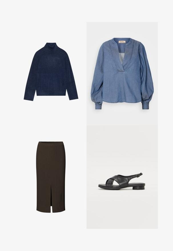 Jersey de cuello alto azul marino con detalles de canalé en el cuello y los puños, hecho de una suave tela de punto texturizada con una silueta relajada.; Blusa de mezclilla azul claro con escote en V profundo, mangas globo y corte relajado. Presenta costuras estructuradas a lo largo del escote y los puños.; Modström SKIRT - Falda de tubo - dark coffee; Sandalia de cuero negra con un diseño de tiras cruzadas, punta abierta y un tacón bajo. Cierre de hebilla en la tira del tobillo, textura suave.