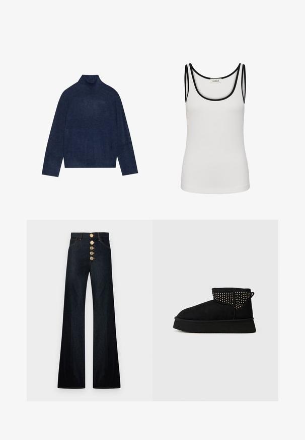 Jersey de cuello alto azul marino con detalles de canalé en el cuello y los puños, hecho de una suave tela de punto texturizada con una silueta relajada.; Camiseta sin mangas blanca con ribete negro en el escote y las sisas, con una pequeña etiqueta con el nombre de la marca en la parte trasera.; Vaqueros anchos de talle alto en azul oscuro con cinco botones decorativos dorados en el frente y bolsillos delanteros.; Botín de ante negro con suela de goma plana, punta redondeada y tachuelas doradas decorativas a lo largo del puño. Eje corto con un lazo en la parte posterior.