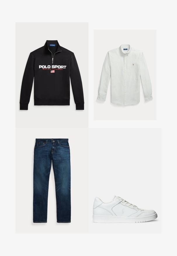 Zwarte sweatshirt met rits en een zachte stof, voorzien van een groot wit "POLO SPORT" logo, rode accenten en een kleine Amerikaanse vlaggraphic.; Lichtgroen-wit gestreept overhemd van katoen met knopen, voorzien van een klassieke kraag en een klein geborduurd logo op de borst.; Donkerblauwe spijkerbroek met lichte vervaging op de dijen en zakken, knoop- en ritsluiting, en design met vijf zakken, plat gelegd op een witte achtergrond.; Witte leren sneaker met een gladde textuur, voorzien van een geperforeerde neus, vetersluiting en geborduurde logo aan de zijkant. Witte rubberen zool.