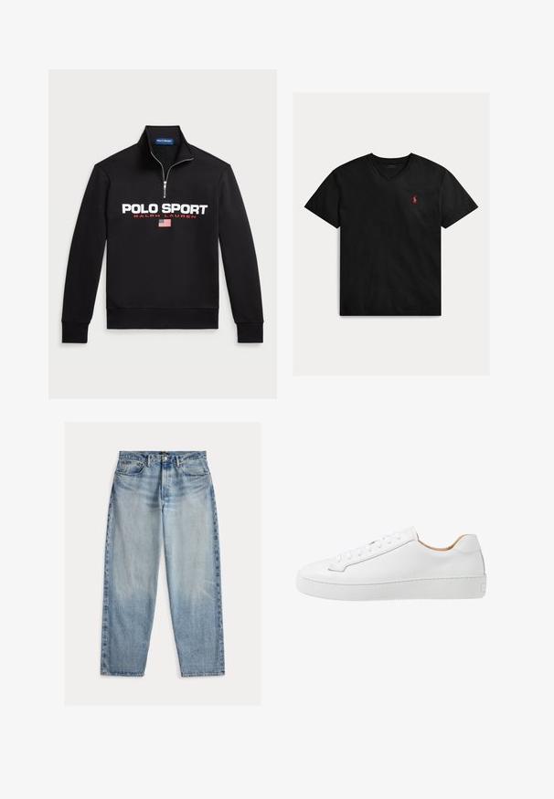 Sort zip-neck sweatshirt lavet af blødt stof med et stort hvidt "POLO SPORT" logo, røde detaljer og et lille amerikansk flag grafik.; Sort bomulds-t-shirt med v-hals, korte ærmer og et lille rødt logo på venstre bryst. Glat tekstur og afslappet design.; Lyseblå denimjeans med løs pasform. Har høj talje, fem lommer og synlige syninger. Overfladen er let tekstureret.; Hvide lædersneakers med en glat overflade, afrundet tå, flad snørebåndsdesign og en tyk gummisål med et struktureret grebmønster.