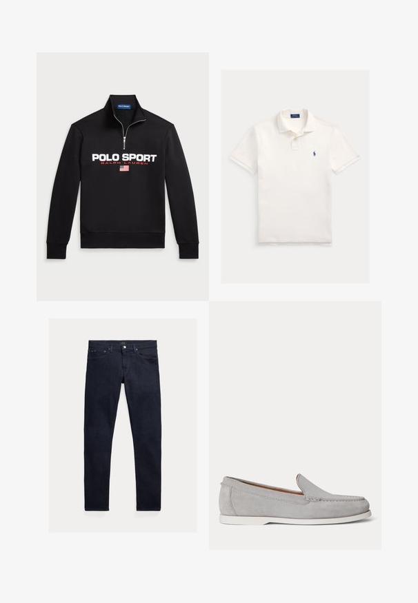 Sort zip-neck sweatshirt lavet af blødt stof med et stort hvidt "POLO SPORT" logo, røde detaljer og et lille amerikansk flag grafik.; Hvid poloshirt med korte ærmer, krave og to knapper, med lille mørkeblåt Ralph Lauren-logo på venstre bryst.; Mørkeblå denimjeans med en slank pasform. Har fem lommer, lynlås og lukning med metal-knap. Glat tekstur med minimal falmning.; Lysegrå ruskind slip-on loafer med hvid sål, synlige syninger og lav hæl vist i profil på hvid baggrund.
