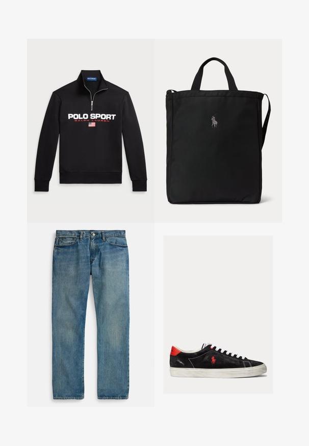 Schwarzer Zip-Hoodie aus weichem Stoff mit großem weißen "POLO SPORT"-Logo, roten Akzenten und einer kleinen amerikanischen Flagge.; Hellblaue Jeans aus Denim mit geradem Bein, fünf Taschen, Knopfverschluss und dezenter Used-Optik für mehr Textur.; Schwarze Wildleder-Sneaker mit weißen Schnürsenkeln, roten Akzenten an der Ferse und einem kleinen roten Logo. Sie verfügen über eine flache Gummisohle und einfache Nähte.; Schwarze rechteckige Tote-Tasche mit kurzen Griffen, einem langen Schulterriemen an der Seite und einem kleinen bestickten Polo-Spieler-Logo in der vorderen Mitte.