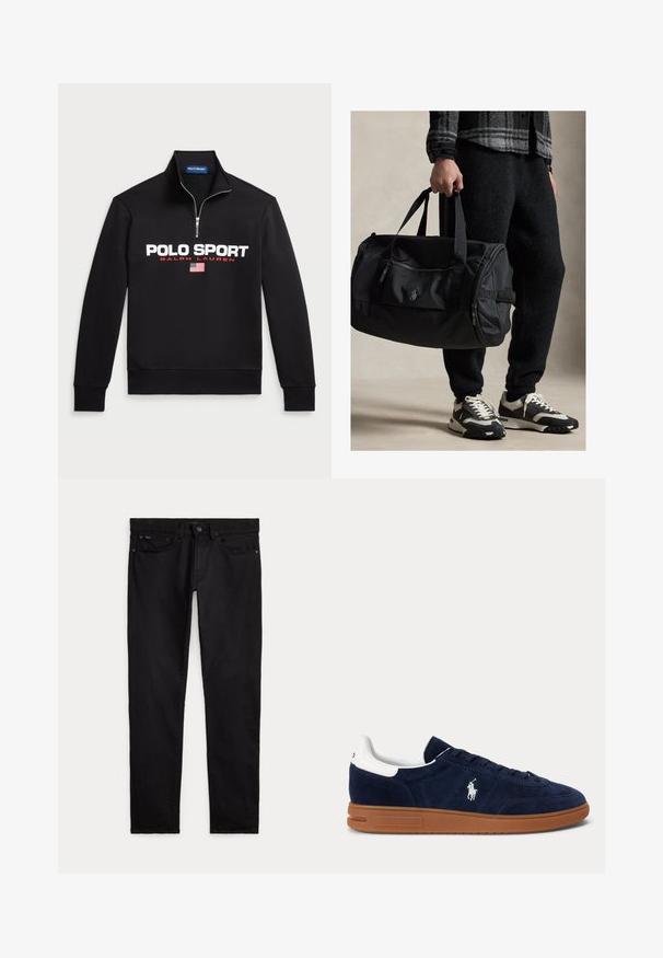 Čierna mikina so zipsom a vysokým golierom vyrobená z mäkkého materiálu, ktorá má veľké biele logo "POLO SPORT", červené akcenty a malú grafiku americkej vlajky.; Čierne slim-fit džínsy s prednými a zadnými vreckami, pútkami na opasok a zapínaním na gombík a zips, položené na bielom pozadí.; Tmavomodrá semišová teniska s bielou opätkovou záložkou, vyšívaným logom na boku, hnedou gumovou podrážkou a čiernymi šnúrkami.; Osoba drží čiernu športovú tašku, nosí čierne nohavice, sivú károvanú bundu a čierno-biele tenisky.