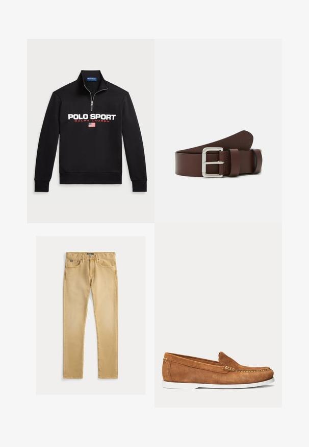 Schwarzer Zip-Hoodie aus weichem Stoff mit großem weißen "POLO SPORT"-Logo, roten Akzenten und einer kleinen amerikanischen Flagge.; Beige Baumwolljeans mit schlanker Passform, fünf Taschen-Design und sichtbaren Nähten. Verfügt über einen Metallknopf und ein Etikett am Bund.; Brauner Wildleder-Slipper mit weißer Sohle und beigen Nähten entlang der Spitze und oberen Kante, seitliche Ansicht vor schlichtem Hintergrund.; Brauner Leder-Gürtel mit einer silbernen Metall-Schnalle, glatter Textur und einem leicht gebogenen Ende mit einem geprägten Logo-Detail.