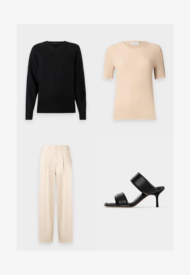 Pull en maille noir avec un col en V, des manches longues, un ourlet côtelé et des fentes sur les côtés. La texture est lisse avec une apparence légère.; Haut en maille côtelé beige à manches courtes, col rond, coupe ajustée et étiquette "Tiger of Sweden" visible à l'intérieur du col.; Pantalon beige plissé en tissu mélangé coton. Comprend une braguette zippée, une fermeture à bouton et des poches latérales, avec une coupe décontractée et des jambes droites.; Sandale mule en cuir noir avec deux larges brides et un talon stiletto fin de hauteur moyenne sur un fond clair uni.