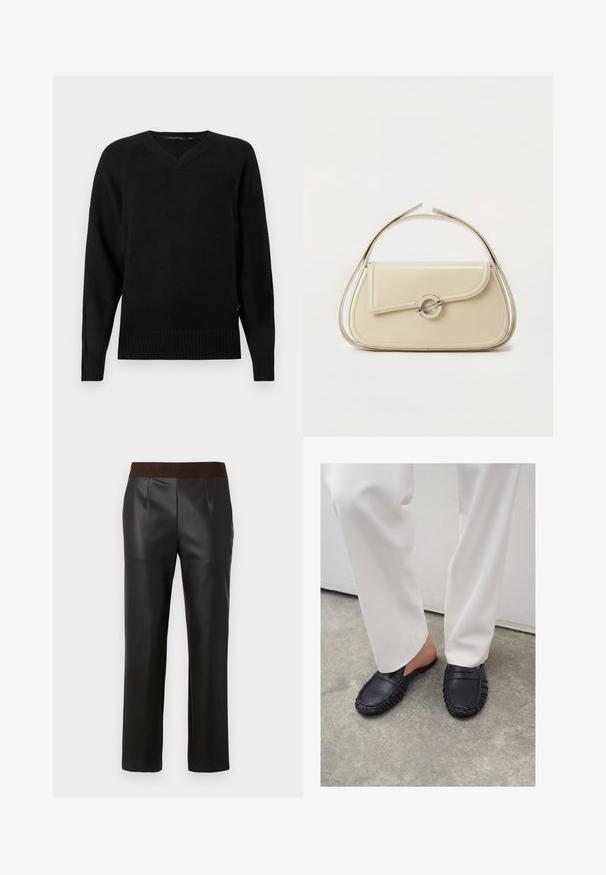 Pull en maille noir avec un col en V, des manches longues, un ourlet côtelé et des fentes sur les côtés. La texture est lisse avec une apparence légère.; Pantalons en simili cuir noir avec une taille en logo marron, forme droite, plis avant et texture lisse.; Personne portant un pantalon blanc et des mocassins en cuir noirs sans lacets, debout sur un sol en béton.; Sac à main en cuir crème avec rabat incurvé, fermoir circulaire en argent et poignée courte sur le dessus, sur fond blanc uni.