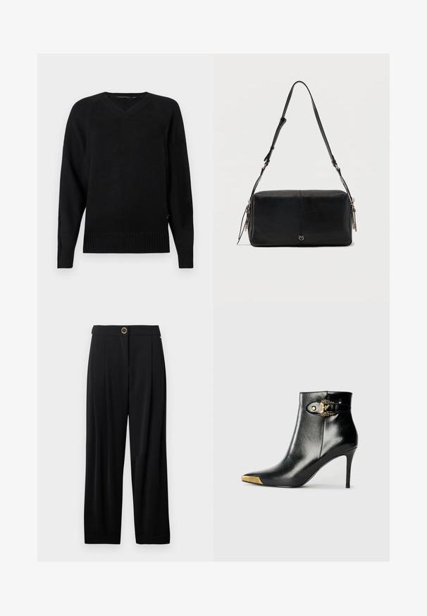 Pull en maille noir avec un col en V, des manches longues, un ourlet côtelé et des fentes sur les côtés. La texture est lisse avec une apparence légère.; Pantalons larges noirs taille haute avec une fermeture à un bouton doré et des poches latérales, sur fond blanc.; Bottine noire en cuir brillant, avec un bout pointu, un talon aiguille, et des accessoires dorés ornés d'une boucle décorative.; Sac à bandoulière rectangulaire en cuir noir avec sangle réglable et petit logo métallique au centre à l'avant sur un fond uni.
