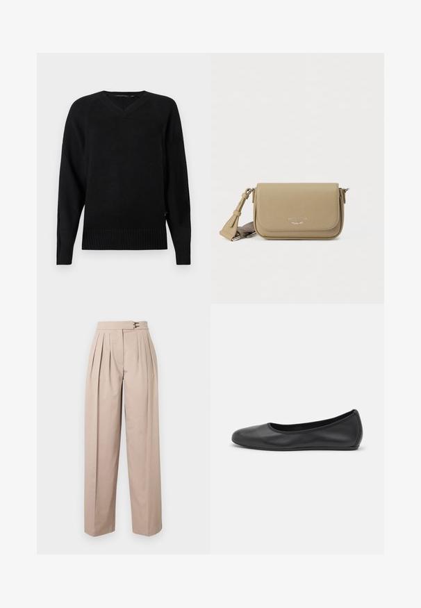 Pull en maille noir avec un col en V, des manches longues, un ourlet côtelé et des fentes sur les côtés. La texture est lisse avec une apparence légère.; Pantalon beige à jambes larges avec plis, deux fermetures métalliques à la taille et une texture lisse en coton. Pas de poches visibles.; Ballerines en cuir noir avec un bout rond, texture lisse, détails de couture minimalistes et design de semelle flexible.; Sac bandoulière en cuir kaki avec finition texturée, fermeture à rabat, logo argenté et sangle réglable. Forme rectangulaire compacte.