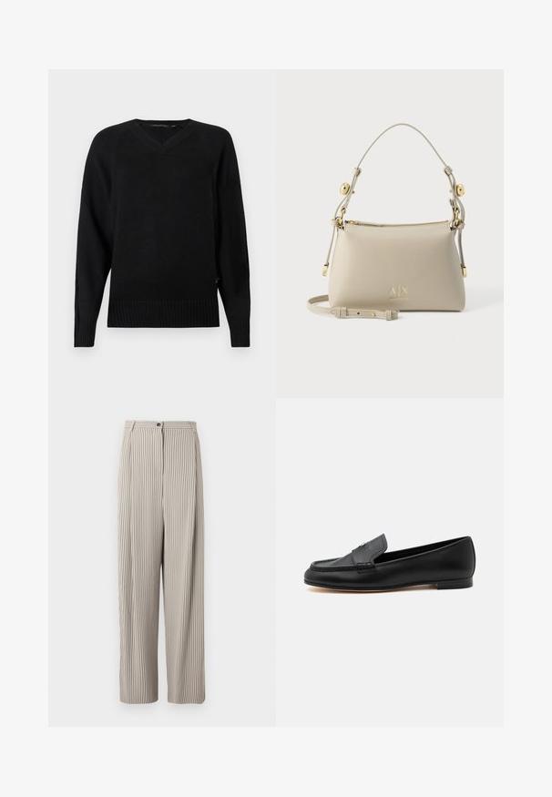 Pull en maille noir avec un col en V, des manches longues, un ourlet côtelé et des fentes sur les côtés. La texture est lisse avec une apparence légère.; Pantalon beige rayé à taille haute, à jambes larges et à fermeture à bouton unique. Les rayures verticales ajoutent de la texture au tissu.; Mocassin en cuir noir avec un petit talon, des détails cousus et un petit accent métallique sur la tige supérieure.; Sac à bandoulière en cuir beige avec bandoulière réglable, ferrures dorées et logo A|X Armani Exchange à l’avant.