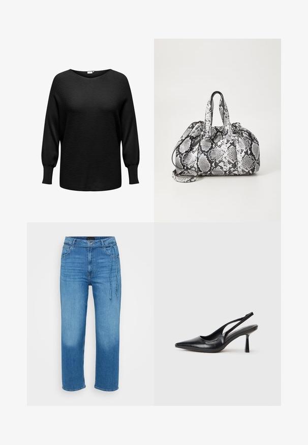 Zwarte pullovertrui met geribbelde textuur, brede halslijn en lange, iets opbollende mouwen. Gemaakt van zachte, rekbare stof.; Lichtblauwe denim jeans met een ontspannen pasvorm, rechte pijpen, een middelhoge taille en een verstelbaar touwdetail aan de voorkant. Glad textuur.; Zwarte leren slingback hoge hak schoenen met puntige neus en slanke hak op een witte achtergrond.; Zwart-wit handtas met slangenhuidpatroon, voorzien van twee handvaten, een trekkoordsluiting en een afneembare schouderriem. Hanteert een gladde textuur.