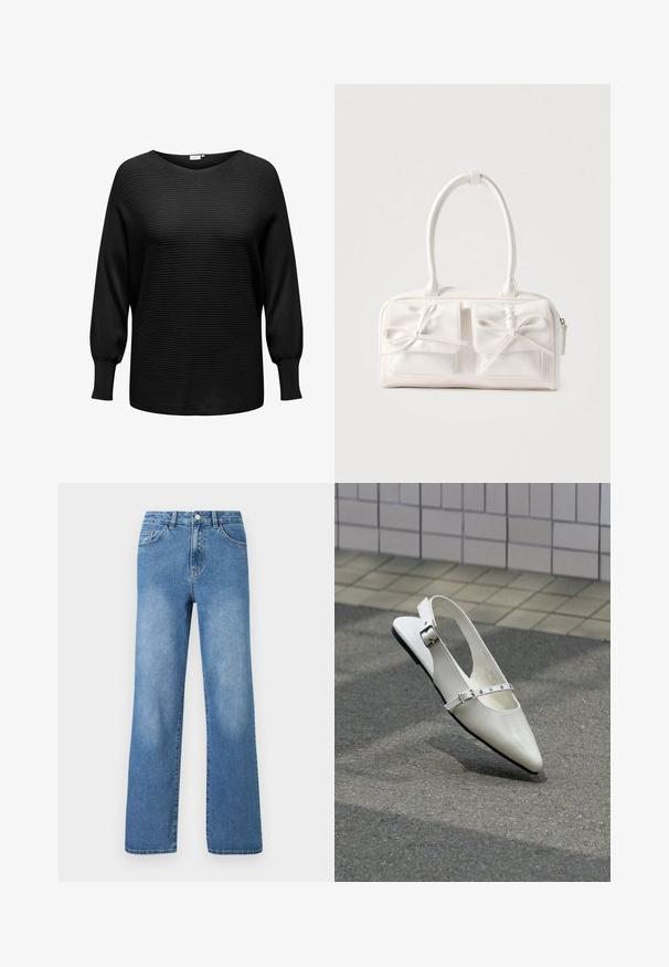 Zwarte pullovertrui met geribbelde textuur, brede halslijn en lange, iets opbollende mouwen. Gemaakt van zachte, rekbare stof.; Lichtblauwe denim jeans met een hoge taille, wijde pijpen, vijf zakken en zichtbare stikseldetails. Gladde textuur met lichte vervaging.; Witte puntige slingback platte schoen met twee zilveren gespen, getoond buiten op een getextureerde ondergrond en betegelde muur als achtergrond.; Witte synthetische handtas met twee voorzakken, elk voorzien van een gebonden strikdetail. Soepele textuur, afgeronde handgrepen en een ritssluiting.