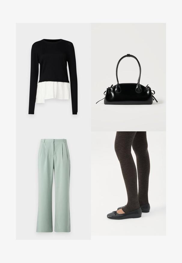 Top negro de manga larga con un dobladillo rizado blanco en contraste, cuello redondo y textura suave. Diseñado con un corte relajado.; Pantalones de pierna ancha en verde claro con pliegues, presentan una textura suave y una cinturilla tradicional. El tejido parece ligero y suave.; Piernas con leggings oscuros acanalados combinados con bailarinas negras que presentan pequeños detalles de lazo sobre un fondo blanco.; Pequeño bolso negro brillante con dos asas largas y detalles de cordón lateral sobre un fondo claro liso.