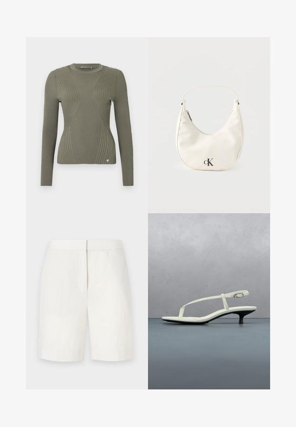 Pull en maille côtelée vert olive à manches longues, avec des panneaux texturés et un petit logo en accent sur l'ourlet. Col rond.; Shorts en coton blancs avec une coupe droite, un devant plat et une texture subtile. Ils présentent une taille et pas de poches visibles. Design simple.; Sandale blanche à talon kitten avec des lanières et un bout pointu, flottant au-dessus d'un sol en carrelage en bois en plein air avec un arrière-plan flou de plante et de mur.; Petit sac à main blanc en forme de croissant avec une courte bandoulière, fermeture éclair et logo "cK" noir sur le devant.
