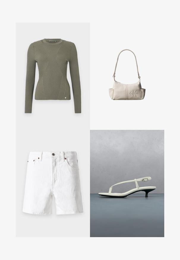 Pull en maille côtelée vert olive à manches longues, avec des panneaux texturés et un petit logo en accent sur l'ourlet. Col rond.; Shorts en denim blanc au design classique, style à cinq poches, avec des accents de boutons en laiton et une finition en tissu légèrement texturée.; Sandale blanche à talon kitten avec des lanières et un bout pointu, flottant au-dessus d'un sol en carrelage en bois en plein air avec un arrière-plan flou de plante et de mur.; Petit sac à bandoulière en cuir beige avec une sangle ajustable et un logo Calvin Klein embossé au centre avant.