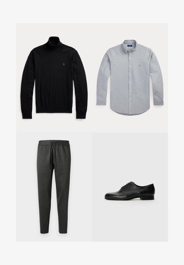 Schwarzer Langarm-Rollkragenpullover mit gerippten Bündchen und Saum, mit kleinem gesticktem Logo auf der linken Brust.; Hellblaues Hemd aus weichem Stoff mit Knöpfen; verfügt über einen spitzen Kragen, lange Ärmel und ein kleines, gesticktes Logo auf der Brust.; Dunkelgraue Jogginghosen aus strukturiertem Stoff, mit einem elastischen Bund und Kordelzug. Eng zulaufendes BeinDesign ohne Taschen.; Filippa K DERBY - Business-Schnürer - black