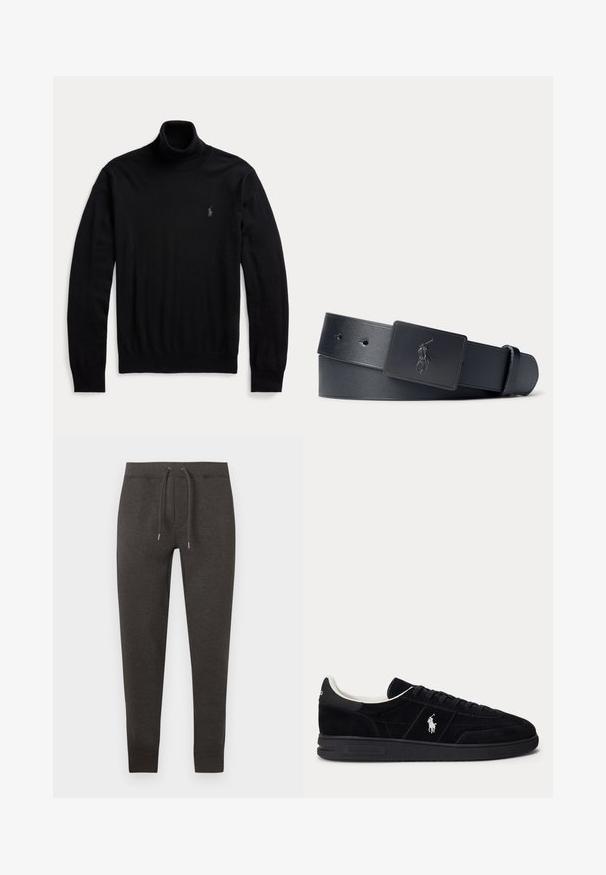 Schwarzer Langarm-Rollkragenpullover mit gerippten Bündchen und Saum, mit kleinem gesticktem Logo auf der linken Brust.; Dunkelgraue Jogginghose aus weichem Material, ausgestattet mit einem elastischen Bund mit Kordelzug, zulaufenden Beinen und Bündchen am Knöchel.; Schwarzer Sneaker mit niedrigem Schnitt, schwarzen Schnürsenkeln, weißem Innenfutter und weißem Polo Ralph Lauren-Logo an der Seite und an der Ferse.; Schwarzer Ledergürtel mit einer schwarzen, rechteckigen Schnalle mit eingeprägtem Polo-Spieler-Logo.