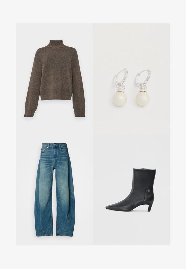 Bruine, gebreide trui met een hoge kraag en een losse pasvorm. Bevat lange mouwen en een zachte, textuurrijke stof.; Lichtblauwe denim wijde-broek jeans met vage plekken en kleine verfspetters. Heeft een klassiek vijf-pocket ontwerp en een knoopsluiting.; Zwarte leren enkellaarsjes met een spitse neus en een lage hak. Heeft een gladde textuur en een kleine gouden logo-detail aan de zijkant.; Zilveren creolen met een parelhangertje en strassaccenten, met een gepolijste afwerking en een afgeronde vorm.
