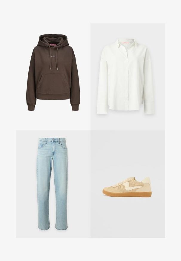 Brun oversized hættetrøje med forlommekænguru, justerbar snøre i hætten, ribkant ved ærmerne og lille hvid "XX STUDIO" logo på brystet.; Hvid langærmet skjorte med knapper, med subtil lodret ribbet struktur og brede manchetter, med klassisk krave og afslappet pasform.; Lyseblå jeans med lige ben, forlommer og en knaplukning i taljen på en ensfarvet hvid baggrund.; Beige sneakers med ruskind og mesh-materialer, rund form, fremtrædende polstret krave og en gummikondisko. Har et bølge-design som accent.