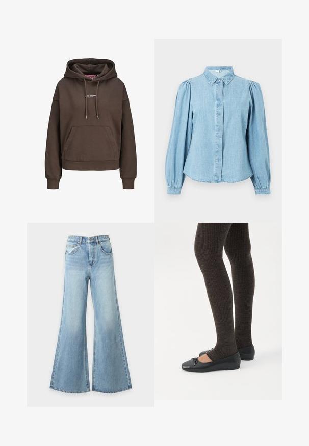Brun oversized hættetrøje med forlommekænguru, justerbar snøre i hætten, ribkant ved ærmerne og lille hvid "XX STUDIO" logo på brystet.; Lyseblå denimskjorte med spids krave, knapper foran og lange pufærmer. Glat tekstur med rundet kant forneden.; Lyseblå vidde denimbukser med forreste knap- og lynlås, bæltestropper og forlommer, vist på en ensfarvet baggrund.; Ben iført mørke ribbede leggings kombineret med sorte balletsko med små sløjfedetaljer på hvid baggrund.