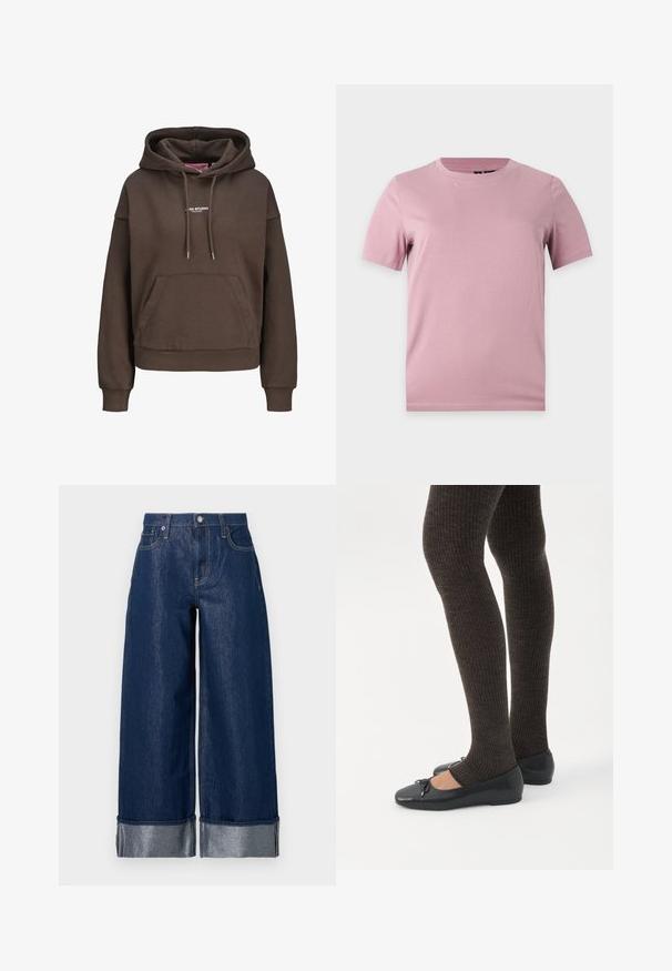 Brun oversized hættetrøje med forlommekænguru, justerbar snøre i hætten, ribkant ved ærmerne og lille hvid "XX STUDIO" logo på brystet.; Enkelt kortærmet blød lyserød bomulds-t-shirt med rund hals, vist på en flad lysgrå baggrund.; Vidbenede mørkeblå denimjeans med høj talje, fem-lomme design og opsmøgede kanter, der viser et lysere indre stof.; Ben iført mørke ribbede leggings kombineret med sorte balletsko med små sløjfedetaljer på hvid baggrund.