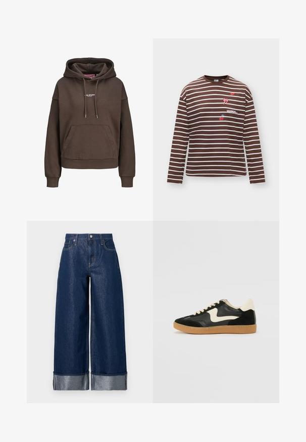 Brun oversized hættetrøje med forlommekænguru, justerbar snøre i hætten, ribkant ved ærmerne og lille hvid "XX STUDIO" logo på brystet.; Langærmet brun- og hvidstribet skjorte med små broderede røde læber, lyserød sløjfe, kirsebær og tekstpatches på forsiden.; Vidbenede mørkeblå denimjeans med høj talje, fem-lomme design og opsmøgede kanter, der viser et lysere indre stof.; Sorte ruskinds- og lædersneakers med en cremefarvet side-swoosh og lys cremefarvet hæl. Har beige snørebånd og en gummirubber-sål.