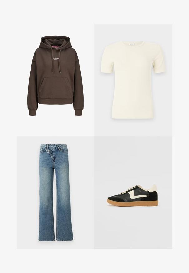 Brauner übergroßer Hoodie mit vorderer Kängurutasche, verstellbarer Kapuze mit Kordelzug, gerippten Bündchen und kleinem weißen "XX STUDIO"-Logo auf der Brust.; Cremefarbener, gerippter Kurzarm-T-Shirt mit Rundhalsausschnitt und schlanker Passform, dargestellt vor hellem, einfarbigem Hintergrund.; Hellblaue Jeans aus Denim mit weitem Bein, hoher Taille, leichter Verblassung und Knopfverschluss vorne. Verfügt über fünf Taschen und minimale Nähte.; Schwarze Wildleder- und Leder-Sneaker mit einem cremefarbenen Seiten-Swoosh und einer hellcremefarbenen Ferse. Ausgestattet mit beige Schnürsenkeln und einer Gummilaufsohle.