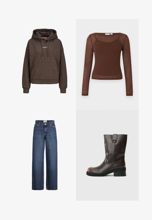 Brun oversized hættetrøje med forlommekænguru, justerbar snøre i hætten, ribkant ved ærmerne og lille hvid "XX STUDIO" logo på brystet.; Brun långærmet ribbet top med gennemsigtige mesh-ærmer og skulderparti, firkantet halsudskæring og tætsiddende silhuet.; Blå vidde cowboybukser med frontknap og lynlås, bæltestropper og lommer, vist på hvid baggrund.; Brun læder ankelstøvle med en rund tå, mid-høj blokhæl og diskrete stikninger. Har en sideløkke for nem påklædning.