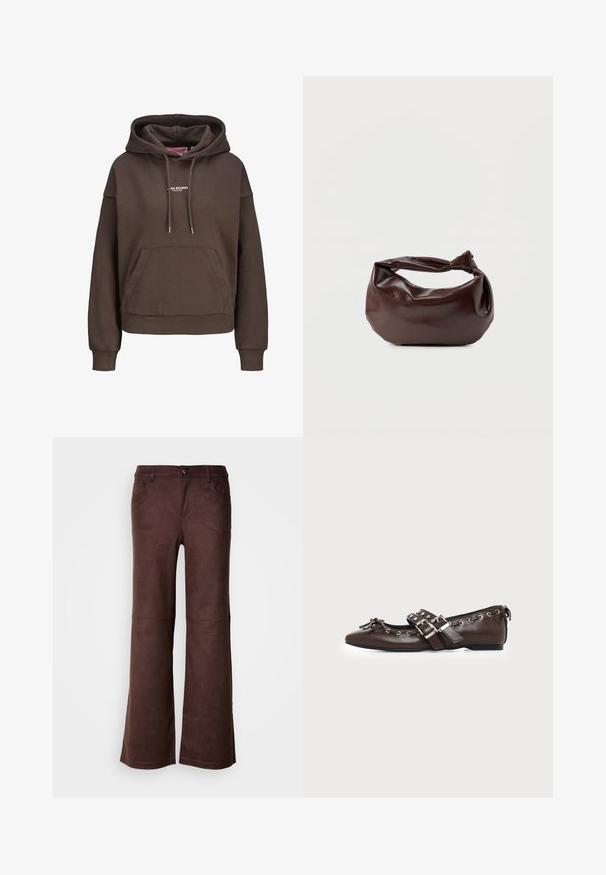 Brun oversized hættetrøje med forlommekænguru, justerbar snøre i hætten, ribkant ved ærmerne og lille hvid "XX STUDIO" logo på brystet.; Brune flagrende bukser i et blødt, suede-lignende stof. Har fire lommer, en knaplukning og en glat, tekstureret overflade.; Mørkebrune lædersko med flad sål og spids snude, dobbelt sølvsnørrebånd, metaløjer og dekorativ sløjfe foran.; Mørkebrun læder skuldertaske med en blød, afslappet form og et snoet knudehåndtag på en ensartet hvid baggrund.