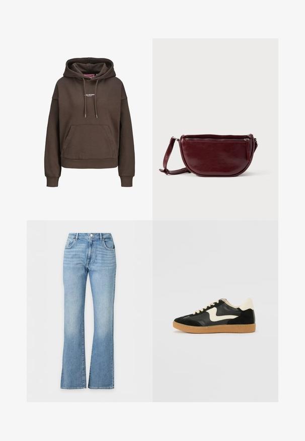 Brauner übergroßer Hoodie mit vorderer Kängurutasche, verstellbarer Kapuze mit Kordelzug, gerippten Bündchen und kleinem weißen "XX STUDIO"-Logo auf der Brust.; Hellblaue High-Waist-Jeans mit leicht ausgestelltem Bein und klassischem Fünf-Taschen-Design.; Schwarze Wildleder- und Leder-Sneaker mit einem cremefarbenen Seiten-Swoosh und einer hellcremefarbenen Ferse. Ausgestattet mit beige Schnürsenkeln und einer Gummilaufsohle.; Dunkelroter Lederhandtasche in halbmondförmiger Form mit Reißverschluss und abnehmbarem Tragegurt. Glatte Textur mit dezentem Glanz.