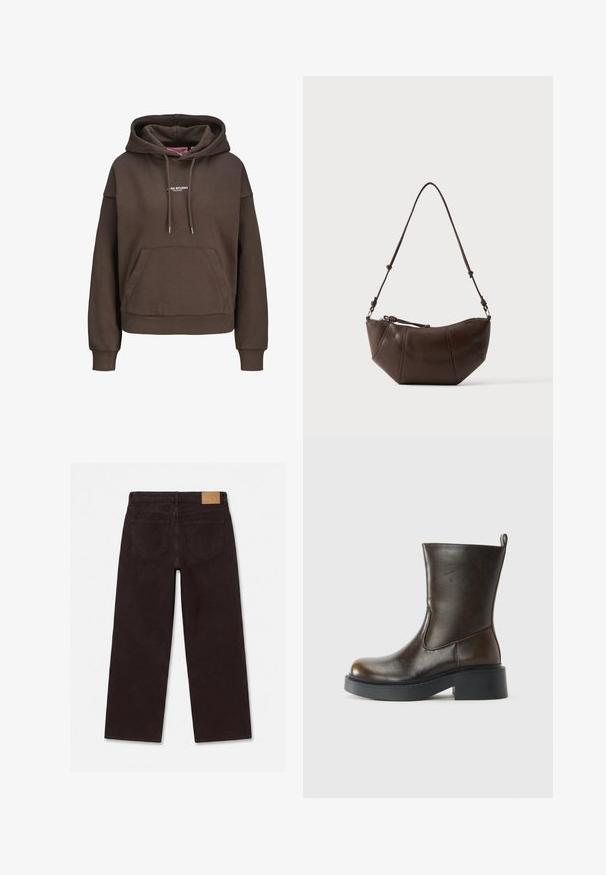 Brun oversized hættetrøje med forlommekænguru, justerbar snøre i hætten, ribkant ved ærmerne og lille hvid "XX STUDIO" logo på brystet.; Mørkebrune bukser med lige ben set bagfra med to baglommer og en tan rektangulær lap på taljebåndet.; Mørkebrune læderstøvler til midten af læggen med rund tå, tyk sort sål, lav blokhælel og en trækflap bagpå.; Brun læder skuldertaske med buet bund og justerbar rem mod en ensfarvet lys baggrund.