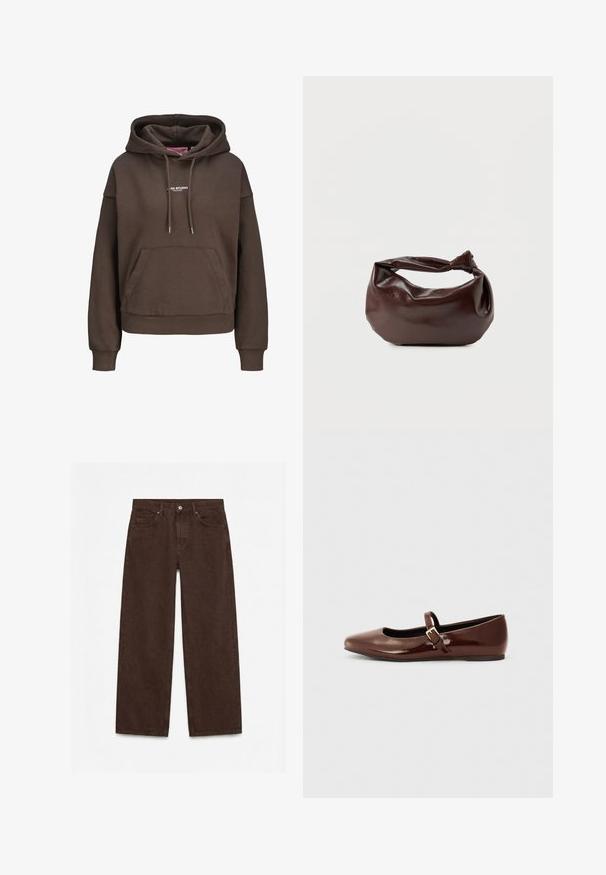 Brauner übergroßer Hoodie mit vorderer Kängurutasche, verstellbarer Kapuze mit Kordelzug, gerippten Bündchen und kleinem weißen "XX STUDIO"-Logo auf der Brust.; Dunkelbraune High-Waist Straight-Leg-Hose mit Vorderknopf, Reißverschluss, Gürtelschlaufen und Fünf-Taschen-Design.; Braune Lackleder-Ballerinas mit quadratischer Zehenform und Riemen mit einer kleinen goldenen Schnalle. Glatte Textur, niedriger Absatz und minimalistisches Design.; Dunkelbraune Lederschultertasche mit weicher, lockerer Form und einem gedrehten Knotengriff vor schlichtem weißem Hintergrund.