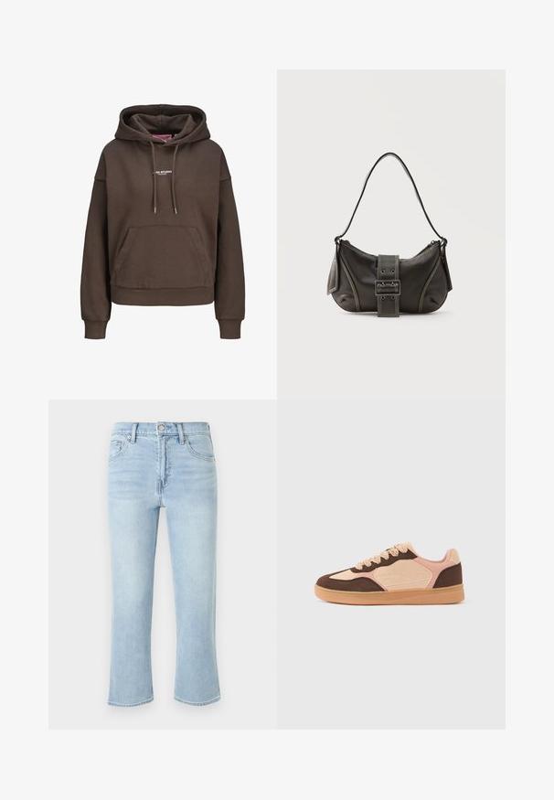 Brun oversized hættetrøje med forlommekænguru, justerbar snøre i hætten, ribkant ved ærmerne og lille hvid "XX STUDIO" logo på brystet.; Lyseblå højttaljede denimjeans med lige ben, knaplukning foran og fem-lomme design vist mod en ensfarvet baggrund.; Afslappet sneaker med lysebeige, bløde lyserøde og mørkebrune ruskindspaneler, snørelukning og gummisål mod ensfarvet baggrund.; Sort læder skuldertaske med spænde på remmen, afrundede kanter og kontrasterende hvide syninger på en ensfarvet baggrund.