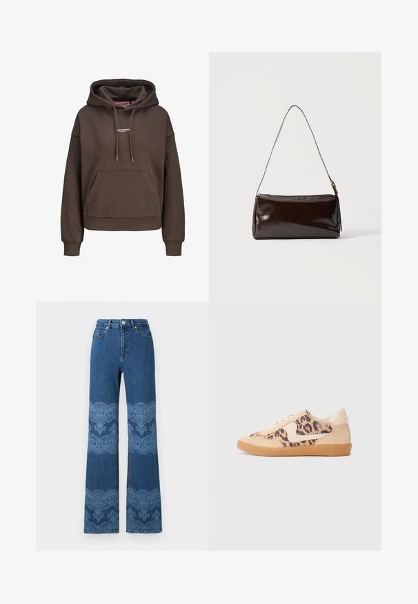 Brauner übergroßer Hoodie mit vorderer Kängurutasche, verstellbarer Kapuze mit Kordelzug, gerippten Bündchen und kleinem weißen "XX STUDIO"-Logo auf der Brust.; Blaue, hoch taillierte Jeans mit geradem Bein, verziert mit hellblauen Blumen- und spitzenähnlichen Mustern an Oberschenkeln und Waden, vorn mit Knöpfen und Taschen.; Löwenmuster-Sneaker mit beige Wildleder-Obermaterial, tanfarbener Gummisohle und weißen Akzenten. Runde Zehenform und Schnürdesign mit strukturiertem Finish.; Dunkelbraune rechteckige Lederschultertasche mit einem einzelnen dünnen Riemen und goldfarbener Schnalle vor einfarbigem Hintergrund.