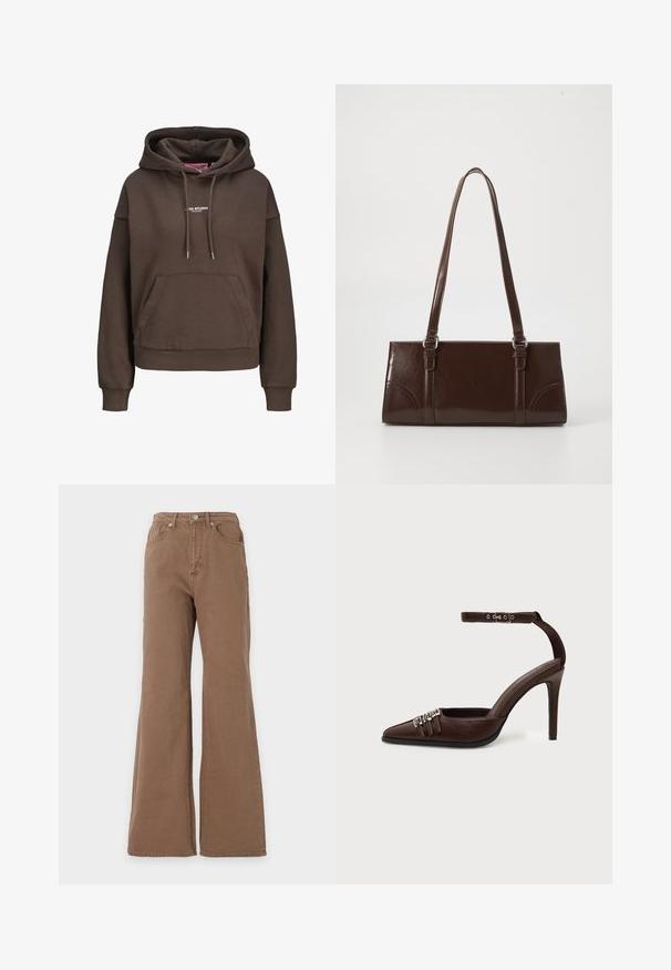 Bruine oversized hoodie met voorzak, verstelbare capuchon met trekkoord, geribbelde manchetten en een klein wit "XX STUDIO" logo op de borst.; Bruine high-waist jeans met een uitlopende pijp, sluiting met knopen aan de voorzijde en voor- en achterzakken, getoond tegen een effen achtergrond.; Bruine leren hoge hak met spitse neus, drie kleine zilveren gespen aan de voorkant en verstelbaar enkelbandje met gesp.; Bruine lakleren handtas met een rechthoekige vorm, twee lange handvatten en subtiele gebogen accenten aan de voorkant.
