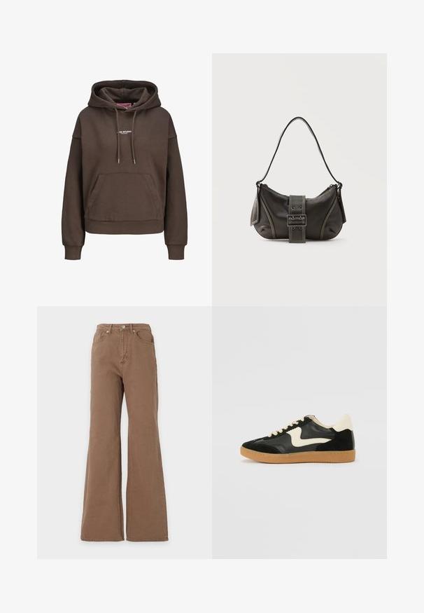Bruine oversized hoodie met voorzak, verstelbare capuchon met trekkoord, geribbelde manchetten en een klein wit "XX STUDIO" logo op de borst.; Bruine high-waist jeans met een uitlopende pijp, sluiting met knopen aan de voorzijde en voor- en achterzakken, getoond tegen een effen achtergrond.; Zwarte suède en leren sneaker met een crèmekleurige zij-swoosh en lichte crèmekleurige hiel. Voorzien van beige veters en een gumrubberen zool.; Zwarte leren schoudertas met gespsluiting aan de riem, afgeronde hoeken en contrasterende witte stiksels op een effen achtergrond.