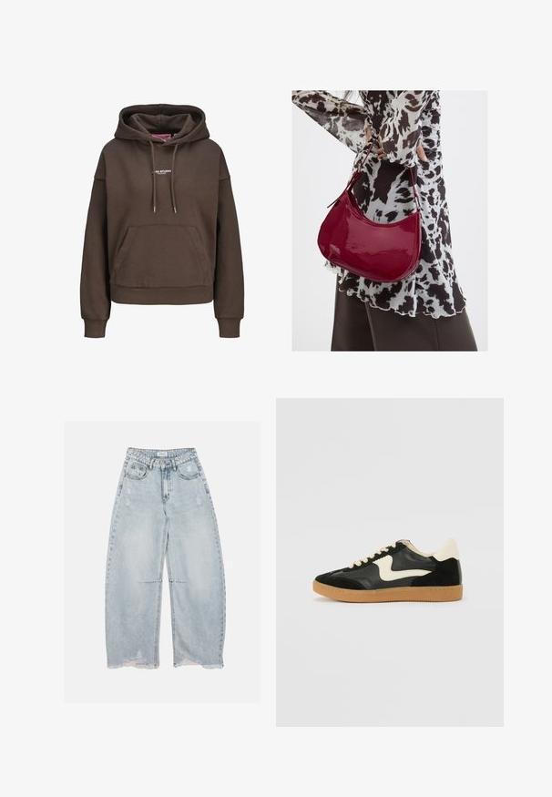 Bruine oversized hoodie met voorzak, verstelbare capuchon met trekkoord, geribbelde manchetten en een klein wit "XX STUDIO" logo op de borst.; Lichtblauwe wijde denim jeans met versleten details en rafelige zomen, voorzien van voorzakken, riemlussen en een knoopsluiting.; Zwarte suède en leren sneaker met een crèmekleurige zij-swoosh en lichte crèmekleurige hiel. Voorzien van beige veters en een gumrubberen zool.; Vrouw met een zwart-wit gebloemde blouse houdt een glanzende rode schoudertas vast tegen een effen achtergrond.